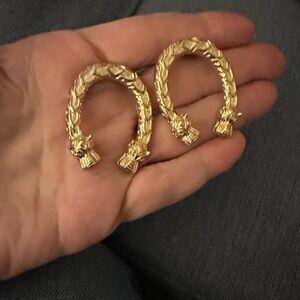 Vintage Gold Tone Braided Post Back Hoop Earrings with Dionysus End Caps.